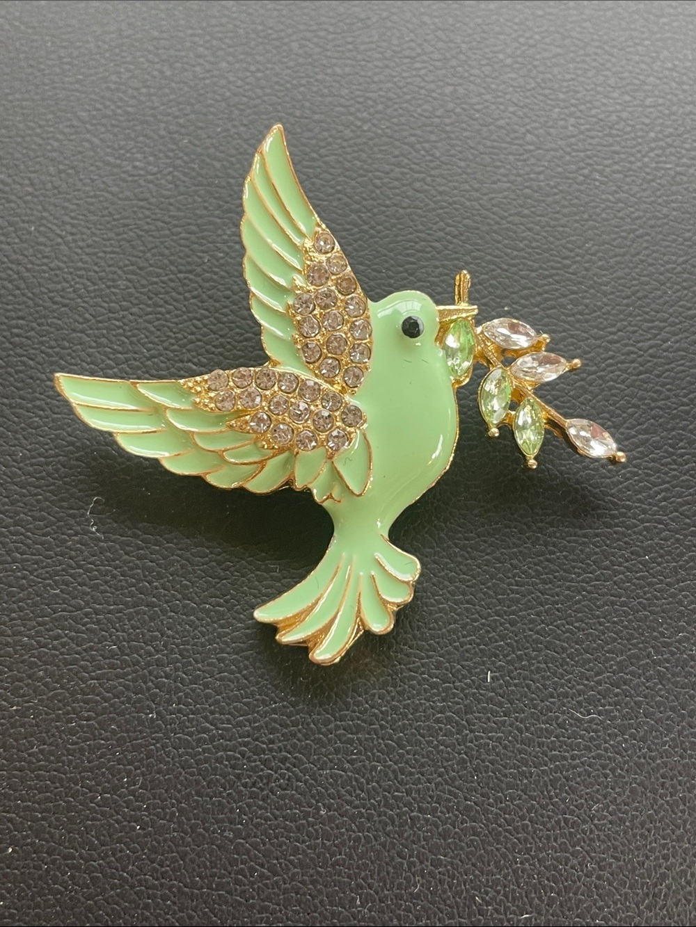 Green Dove Bird Pin Brooch with Crystal Accents 1.25”